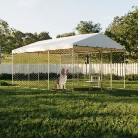 15x10 FT Large Outdoor Dog Kennel with Canopy, Heavy Duty Galvanized Steel Frame, Waterproof Cover, Built-in Elevated Feeding Bowls, Escape-Proof Lock (Option: Silver)