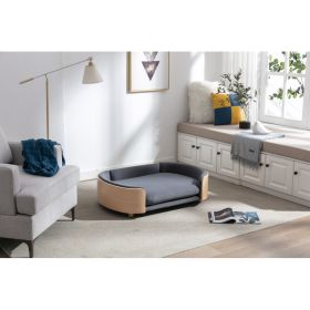 Scandinavian style Elevated Dog Bed Pet Sofa With Solid Wood legs and Bent Wood Back, Velvet Cushion,Large Size (Option: Dark grey)