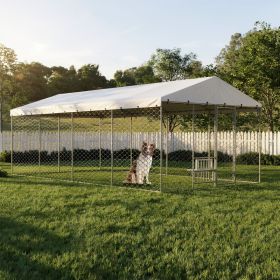 20x10 FT Large Outdoor Dog Kennel with Canopy, Heavy Duty Galvanized Steel Frame, Waterproof Cover, Built-in Elevated Feeding Bowls, Escape-Proof Lock (Option: Silver)