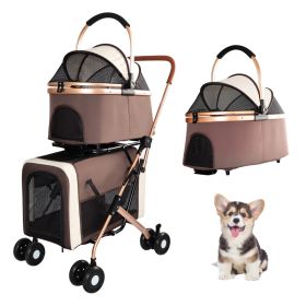 Double Pet Stroller for Dogs and Cats, Foldable Frame, 3-in-1 Convertible Carrier/Tote, Shockproof Wheels, Brake System, Fixed Safety Leashes for Smal (Option: Khaki)