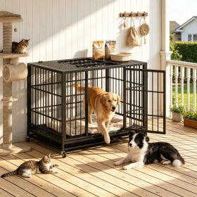 Heavy Duty Dog Crate , Mobile Pet Kennel with Lockable Wheels & Rotary Twist-Latch, Indoor Outdoor Metal Cage with Perforated Top (Option: Black)