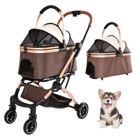 Pet Stroller for Dogs and Cats, 2-in-1 Detachable Foldable 4 Wheels Pet Stroller, Quick One-Hand Fold, Storage Basket, Detachable Carry Basket with Su (Option: Khaki)