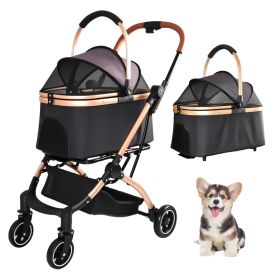 Pet Stroller for Dogs and Cats, 2-in-1 Detachable Foldable 4 Wheels Pet Stroller, Quick One-Hand Fold, Storage Basket, Detachable Carry Basket with Su (Option: Black)