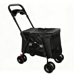 Pet Stroller, Foldable 4-Wheel Design, Breathable Mesh Dog Cat Stroller with Shockproof Wheels, Brake System, Storage Tray, 2 Fixed Safety Leashes, La (Option: Black)
