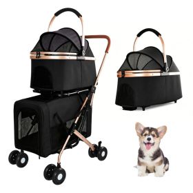 Double Pet Stroller for Dogs and Cats, Foldable Frame, 3-in-1 Convertible Carrier/Tote, Shockproof Wheels, Brake System, Fixed Safety Leashes for Smal (Option: Black)
